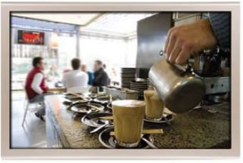 In quickservice restaurants, the screen is visible not only from where the patrons are waiting to order, but also visible to those enjoying their meal.